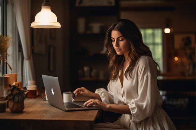 CoffeeFueled Productivity A Brunette Engrossed in Laptop Work with a Cup of Warm Beverage