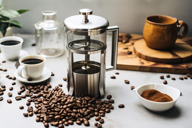 A coffeethemed flat lay with beans mugs and a French press on a marble background