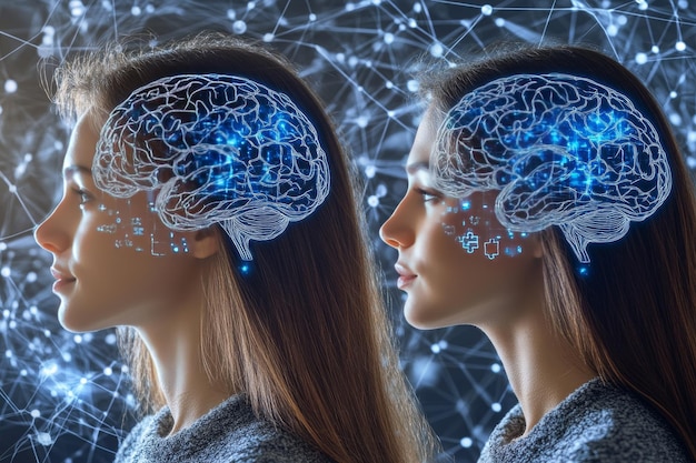 Photo cognitive augmentation brain network futuristic visualization of two connected human brains surroun