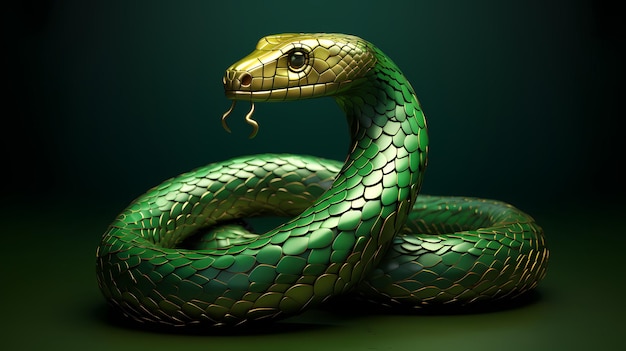 A coiled menacing green snake with glistening scales is poised against a dark mysterious background