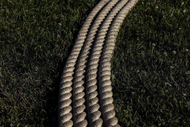 Coiled roll of rope arranged on grass ground