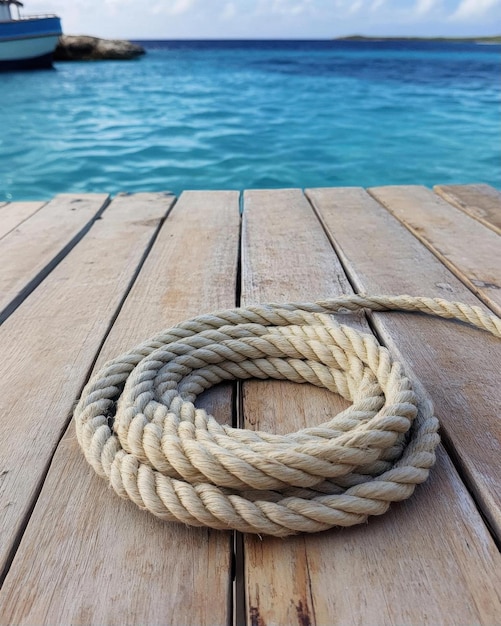 Coiled Rope on Wooden Dock with Blue Ocean Background Photo