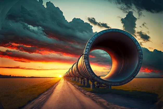 Coiled steel gas pipeline on road against backdrop of sunset sky and clouds