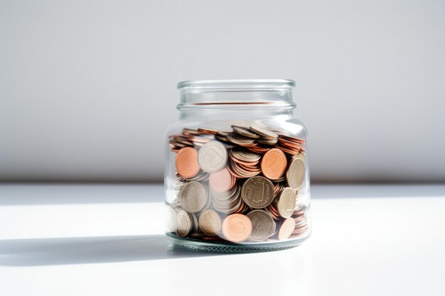 Coin in glass jar on white background saving money