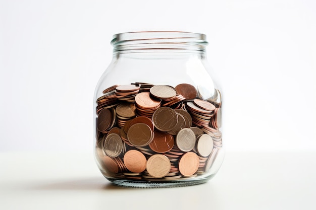 Coin in glass jar on white background saving money