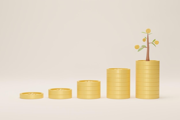 Coin stack growth with tree on white background Growing saving concept 3D illustration