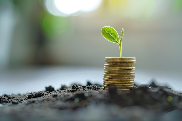 Coin stack with young green sprout on top Business success Financial or money growing concept