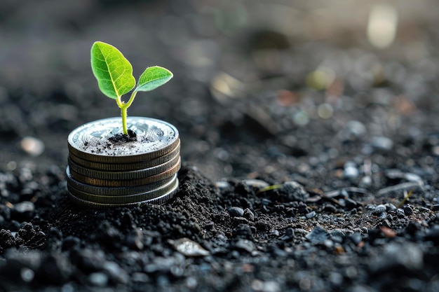 Coin stack with young green sprout on top Business success Financial or money growing concept