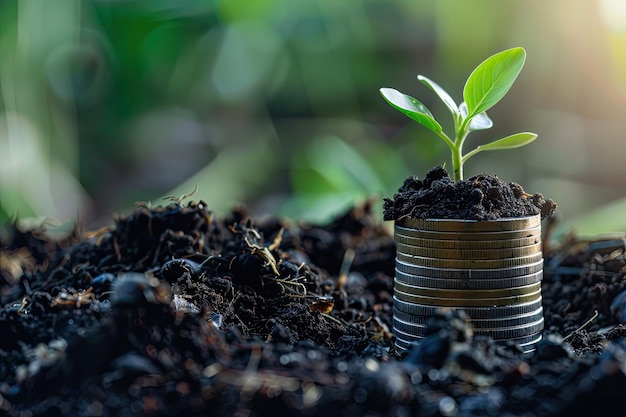 Coin stack with young green sprout on top Business success Financial or money growing concept