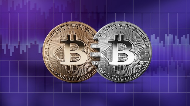 Photo coins bitcoin, gold and silver coins on an ultraviolet background. the concept of blockchain technology and money transfers. mastercard analog concept. cryptocurrency and blockchain trading concept. c