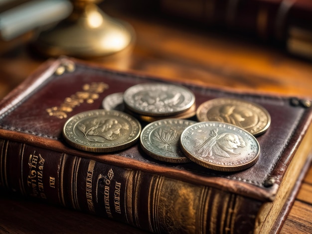 coins and book on wooden table coins and book on wooden table