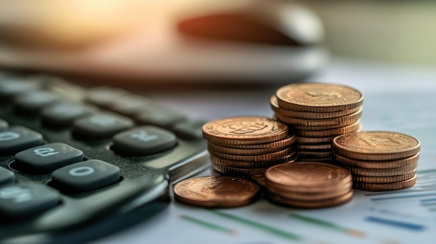 Photo coins and calculator on a graph paper