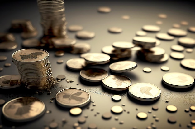 Coins falling and lying in stack against background of chart of stock market