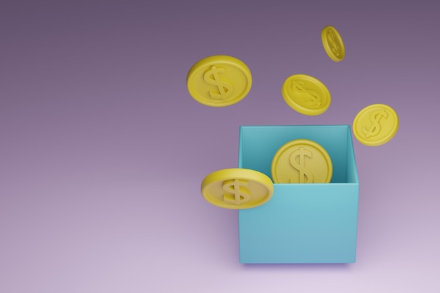 Coins floating from a box on purple background 3d render illustration