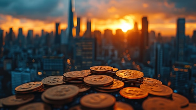 Photo coins in front of city skyline at sunset