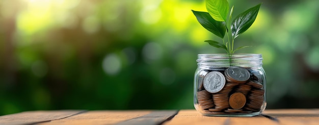 Coins in glass jar with growing plant financial concept of saving money highres photography