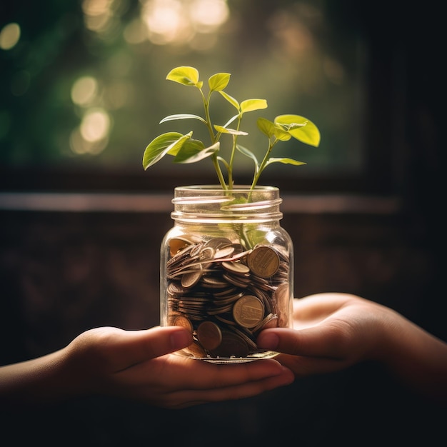 Coins in a glass jar with a young plant on the background of the window