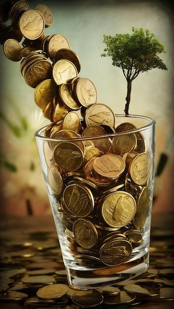 Coins in a glass with a small tree