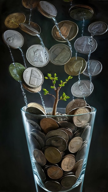 Coins in a glass with a small tree