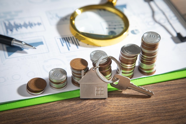 Coins house model and keys on the table