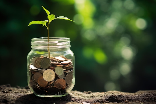 Coins in a mason jar forest charity plant investment