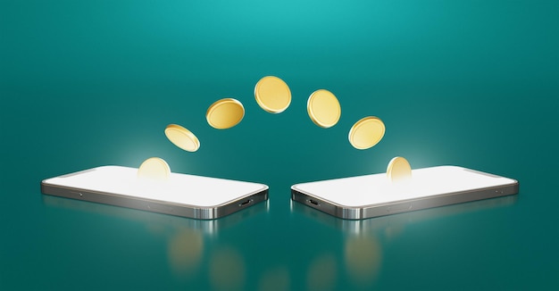 Coins moving from one mobile phone to other. Mobile wallet cash or crypto. 3d render