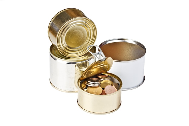 Coins in open tin can