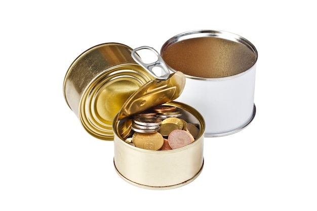 Coins in open tin can