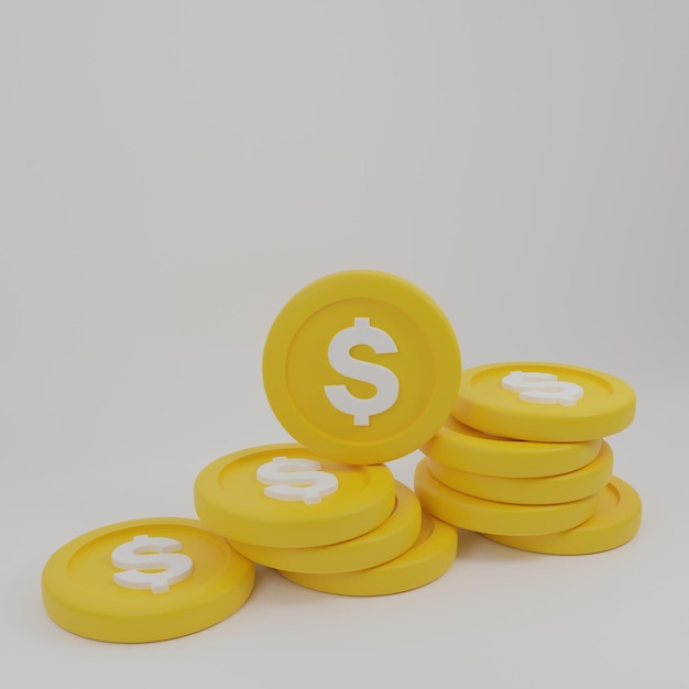 Coins stack 3d rendering, coins icon, coin standing on stacked coins modern design, coins pile, coin