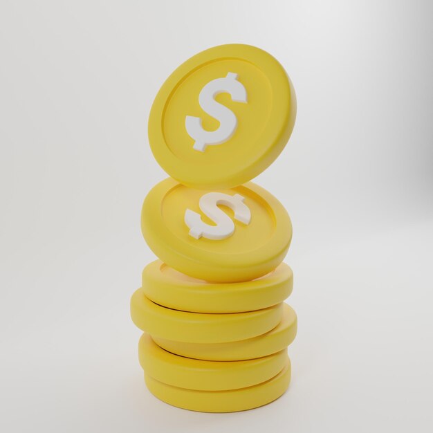 Photo coins stack 3d rendering, coins icon, coin standing on stacked coins modern design, coins pile, coin