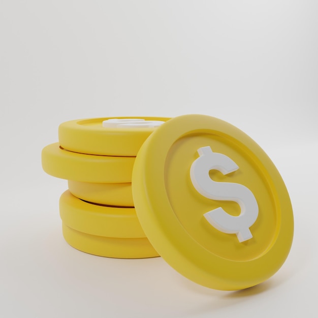 Photo coins stack 3d rendering, coins icon, coin standing on stacked coins modern design, coins pile, coin