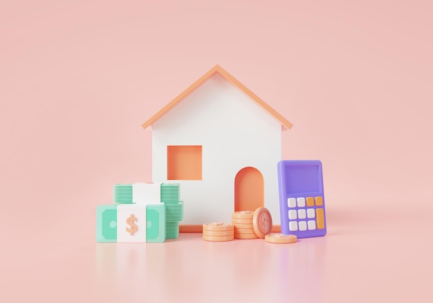 Coins stack Banknotes calculator and home on pink background Business loans for real estate concept residential finance economy home property investment 3D rendering illustration minimal style