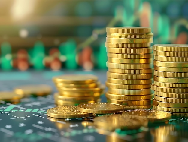 Coins stack of money on saving the step of the financial stock market graph and rows of coins business investment on a green background Economy