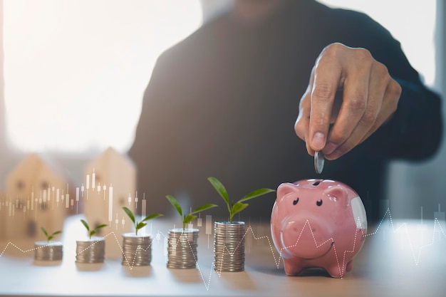 Coins stack and pink piggy with mini wood house model from model on wood table, Planning buy Real Estate, Planning to buy property. concept, business finance and saving money investment.