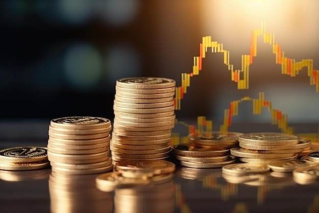 Coins stack with stock market or forex trading graph and candlestick chart for financial investment