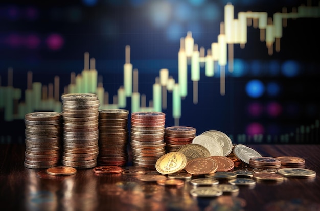 Coins stacked on each other on the background of the stock chart