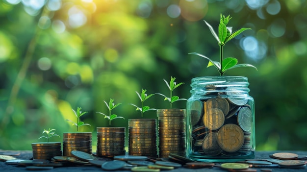 Coins stacked in increasing order with plants growing on top symbolizing financial growth and inves