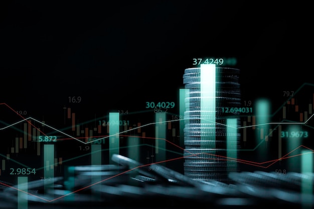 Coins stacking and glowing stock market or forex graph chart for trader and investor analysis of economy financial concept