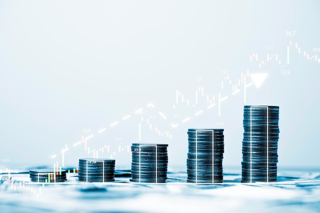 Coins stacking with increasing graph stock market graph chart for business investment and stock market analysis concept