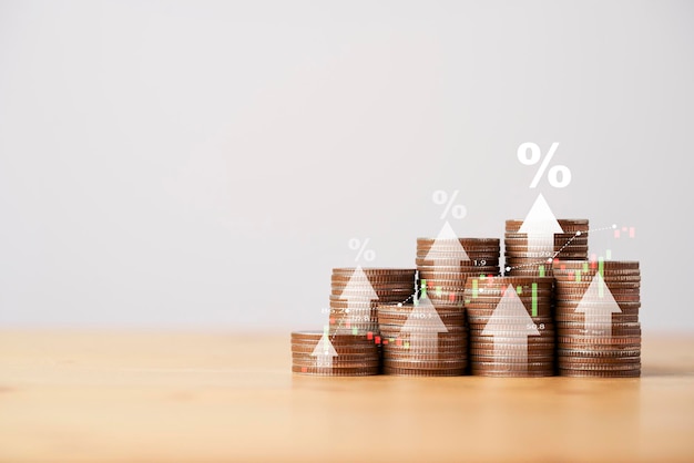 Coins stacking with white up arrow and percentage for increasing interest rate and inflation concept