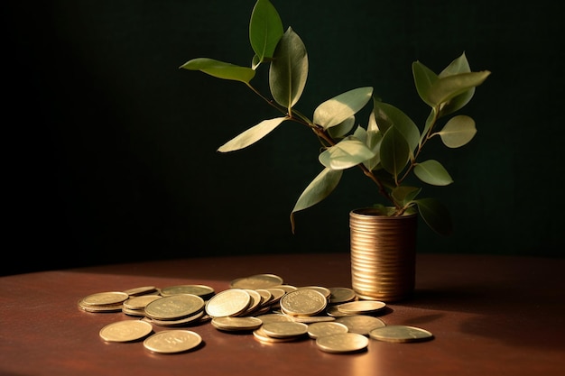 Coins with plant on table ar c