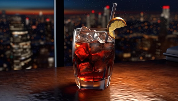 Cola drinks with city view in the night