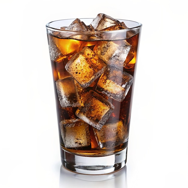 Cola in glass with clear ice cubes Isolated on white background