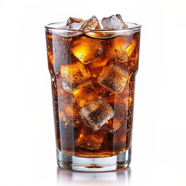 Cola in glass with clear ice cubes Isolated on white background