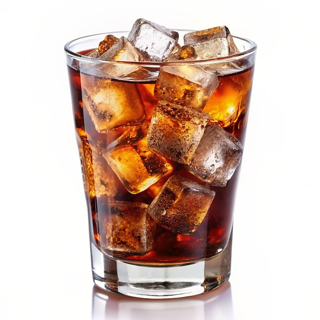 Cola in glass with clear ice cubes Isolated on white background