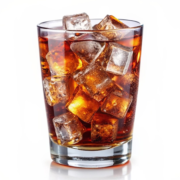 Cola in glass with clear ice cubes Isolated on white background