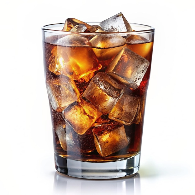 Cola in glass with clear ice cubes Isolated on white background