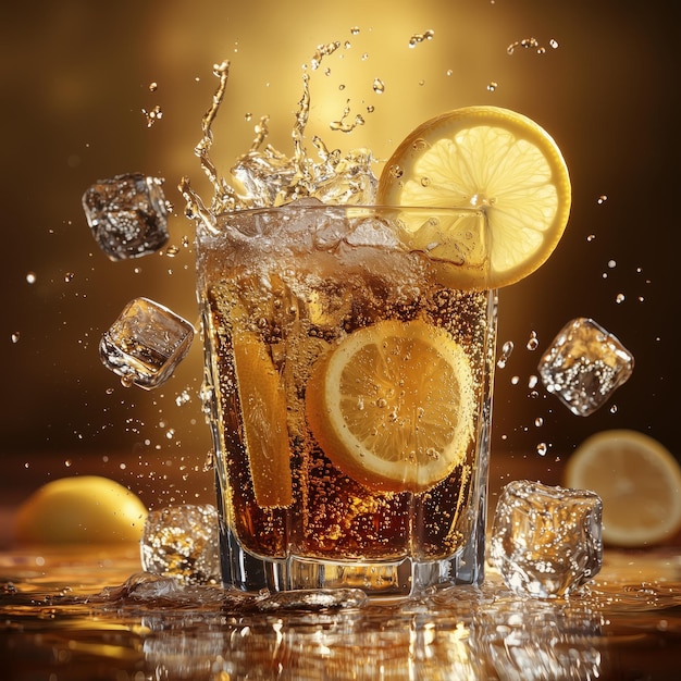 Cola and lemon slices colliding with ice cubes on a brown and yellow gradient background with fizzy