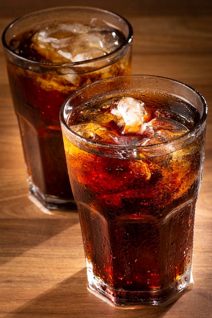 Cola soda glass with ice cubes on wooden table