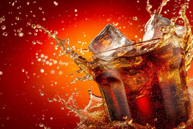 Photo cola soda with ice cube and splash wallpaper backdrop